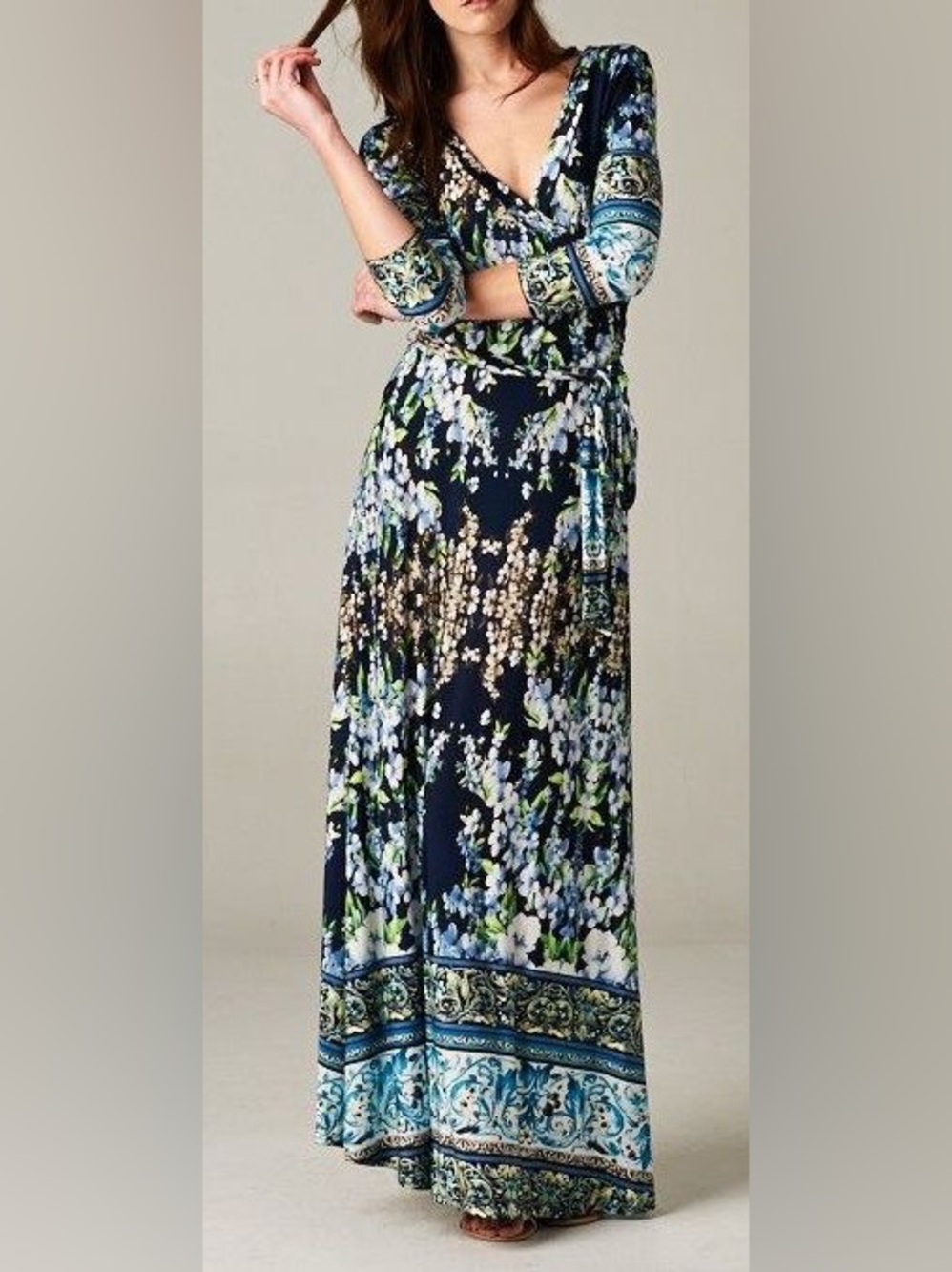 Tua Navy Floral Wrap Maxi Dress Size L Boho Long Sleeve Tie Waist
